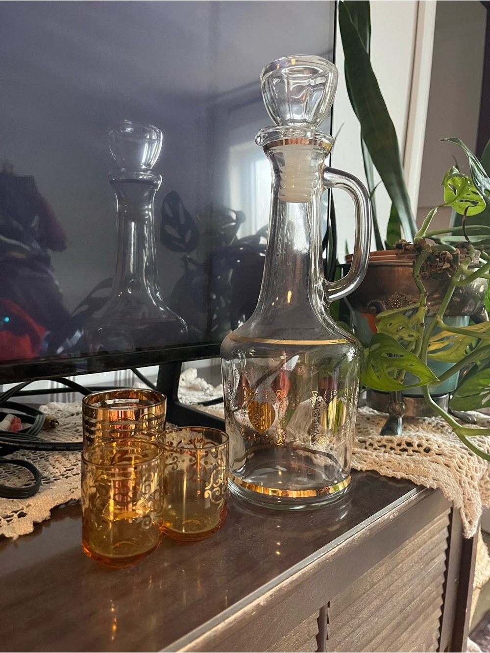 Vintage Clear Glass Decanter with Amber Shot Glasses set of 3